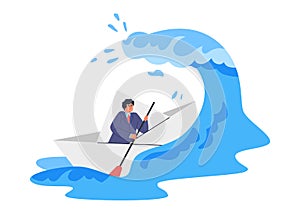 Business man sailing on paper origami boat forward on big wave, risk strategy in crisis storm vector flat illustration