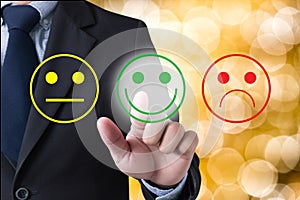 Business man select happy on satisfaction evaluation?
