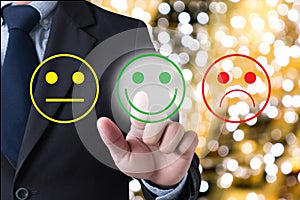 Business man select happy on satisfaction evaluation?