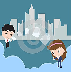 Business man send document, file sharing to woman via cloud computing technology concept with mobile phone