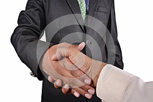 Business man shaking hand in black suit isolated