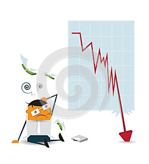 Business man shocked when checking data chart - falling down chart is confused
