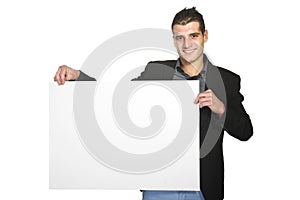Business man showing blank signboard