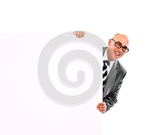 Business man showing blank signboard, isolated