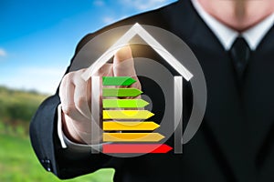 Business man showing an energetic house. Saving energy and environment concept photo