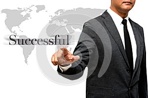 Business man showing hand and finger with world picture and word