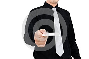 Business man showing his business card on white background