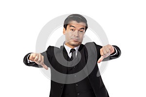 Business man showing thumbs down, bad, no, dislike, fail sign isolated on white background