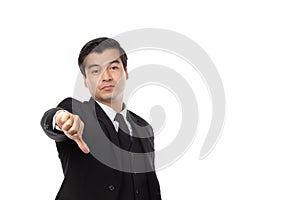 Business man showing thumbs down, bad, no, dislike, fail sign isolated on white background