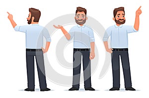 Business man shows and indicates something. The guy points his finger and holds an object in his palm. Vector illustration
