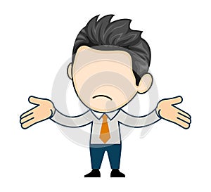 Business man shrugs and spreads his hands. Gesture oops sorry I don`t know. Flat vector in cartoon style