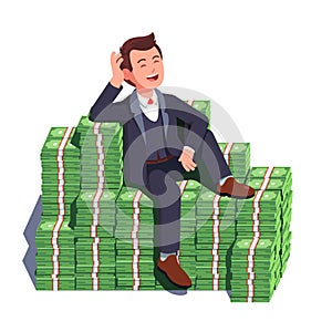 Business man sitting on big heap of stacked money