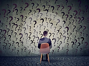 Business man sitting on a chair in front of a wall has many questions, wondering what to do next