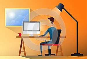 Business Man Sitting Desk Office Working Place Laptop Back Rear View Vector Illustration