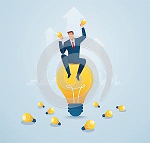 business man sitting on lightblub. creative concept. vector illustration