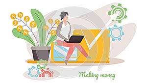 Business Man Sitting near Money Plant with Arrow