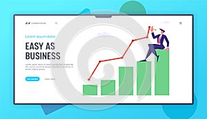 Business Man Sitting on Top of Growing Column Chart Drawing Curve Line. Businessman Work on Growth Data Analysis