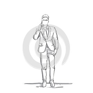 Business Man Sketch Talking On Phone Conversation Silhouette Businessman In Suit Full Length Male On White Background