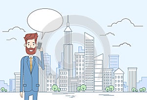 Business Man Smart Cell Phone Talk Businessman Chat Bubble Communication Over Big City View