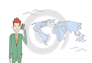 Business Man Smart Cell Phone Talk Over World Map Background Businessman Network Communication Concept