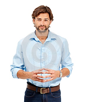 Business man, smile and portrait of a young professional thinking about corporate job. White background, isolated and