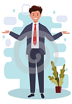 The business man spreads his hands to the sides. Vector illustration