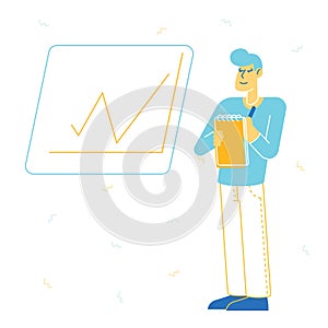 Business Man Stand near Board with Rising Diagram Chart Making Notes. Worker Analysing Financial Results