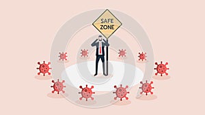 Business Man Stand in Safe Zone. Surrounded by Covid-19 Coronavirus Crisis. Business People Survive or Handle or Control His