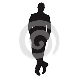 Business man standing with crossed legs, isolated vector silhouette. People at work