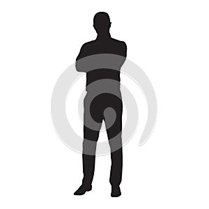 Business man standing with folded arms, isolated vector silhouette. Front view