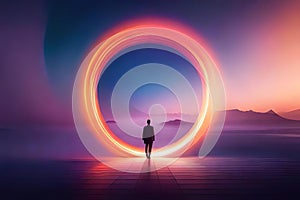 A business man standing in front of futuristic neon circle. neon circle, blackhole, time travel