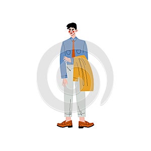 Business Man Standing and Holding Jacket in his Hands, Office Employee, Entrepreneur or Manager Character Vector