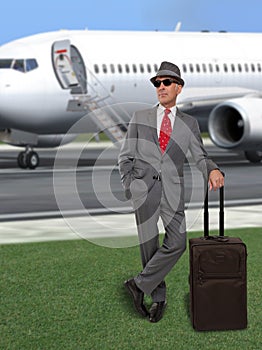 Business man standing by jet airplane