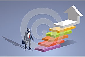 Business Man Standing Next to Abstract Ladder Symbolizing Phases or Steps of Career