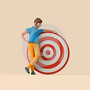 Business man standing next to a target. Personal goals concept. 3D Rendering