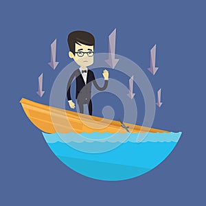 Business man standing in sinking boat.