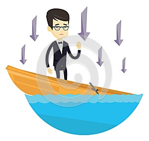 Business man standing in sinking boat.