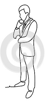 Business man standing and thinking. Manager think about something. Business concept illustration. Continuous line