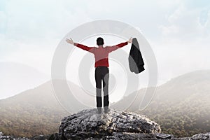 Business man standing on the top of mountain