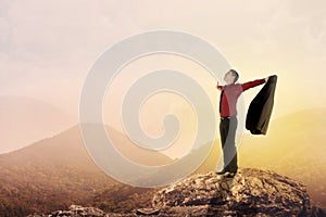 Business man standing on the top of mountain