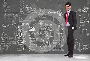 Business man stands in front of blackboard