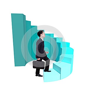 Business man stepping forward on growing 3d circular bar graph