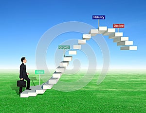 Business man stepping on stair with product life cycle concept (