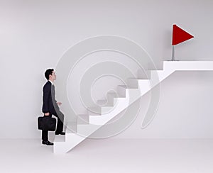 Business man stepping up on stairs to red flag (business success