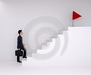 Business man stepping up on stairs to red flag (business success