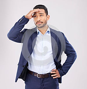 Business man, stress and confused in studio for anxiety, debt and stock market crash for fail economy. Asian male worker