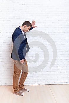 Business Man Stress Upset Hand On Wall Looking Down, Businessman Depression Pondering
