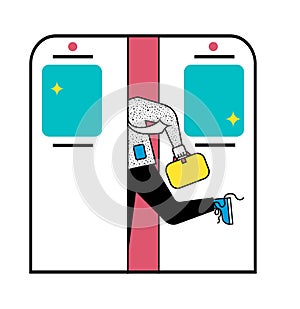 Business man in subway runnung with suitcase. good manners or bad manners. flat design for web. funny cart photo