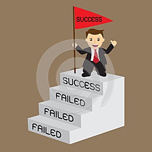 Business man with success flag on top stair, concept for challenge and develop his fail until success step by step