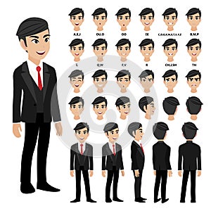 Business man in suit for animation. Front, side, back, 3-4 view character. Separate parts of body. Flat